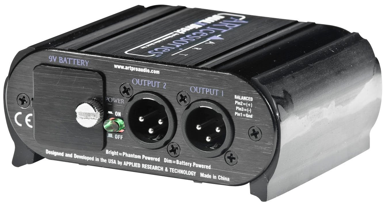 ART Dual X-Direct rear panel — OUTPUT 1 and OUTPUT 2 balanced XLR male sockets, 9V battery compartment, power switch